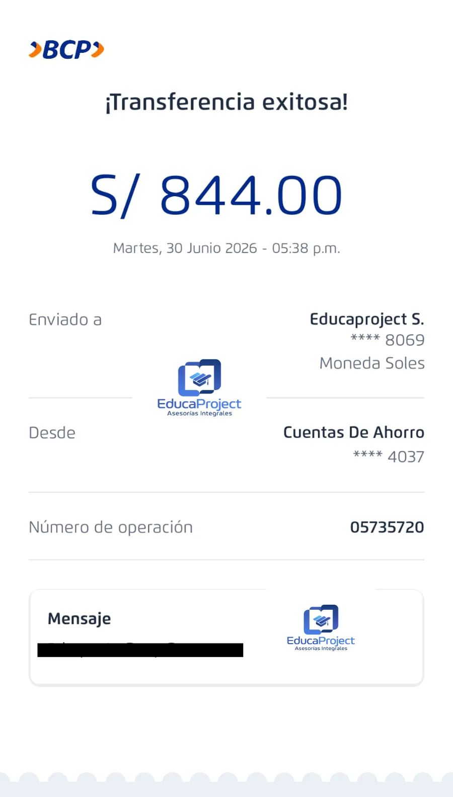 Comprobante de pago de cliente de EducaProject