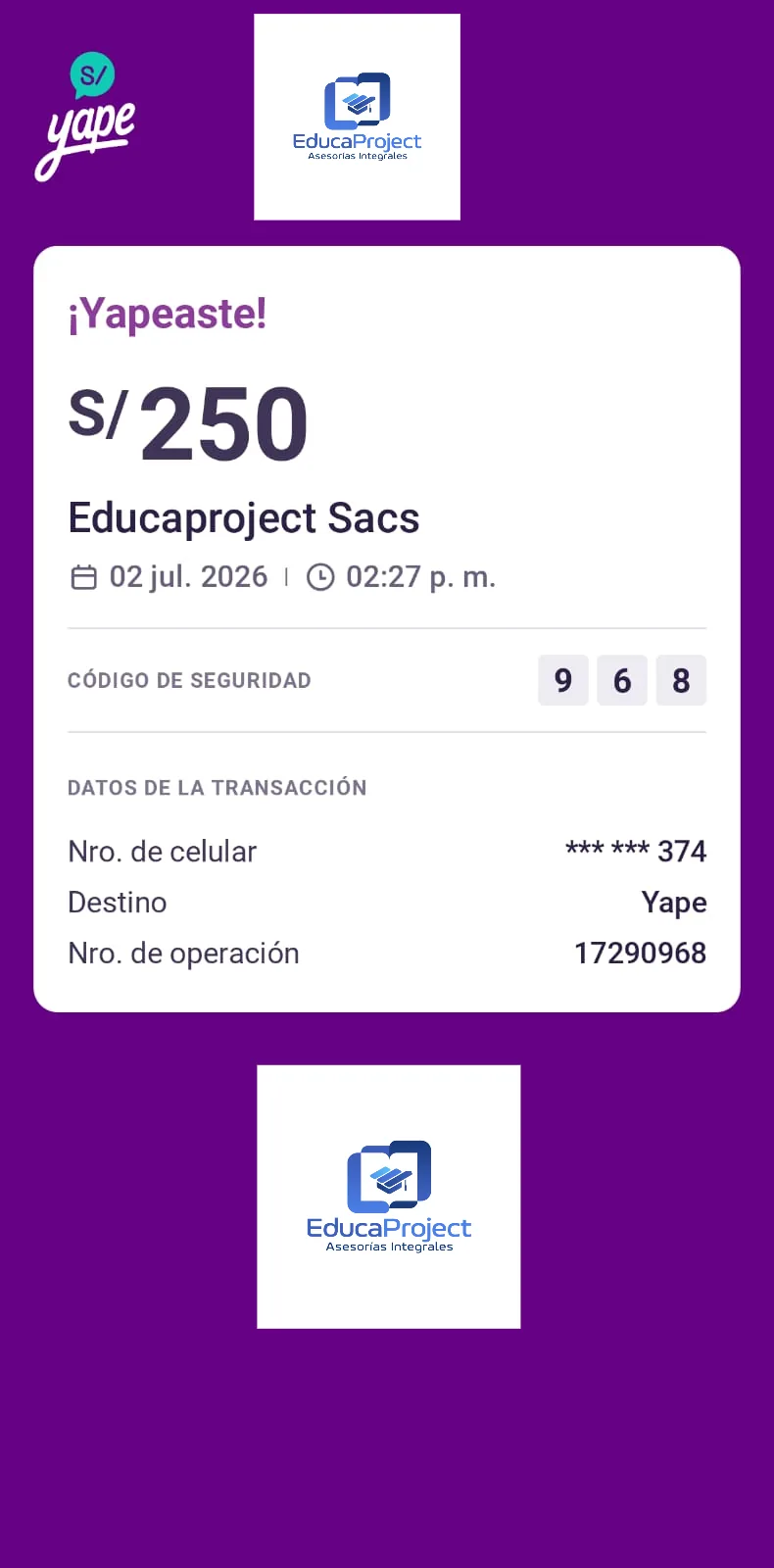 Comprobante de pago de cliente de EducaProject