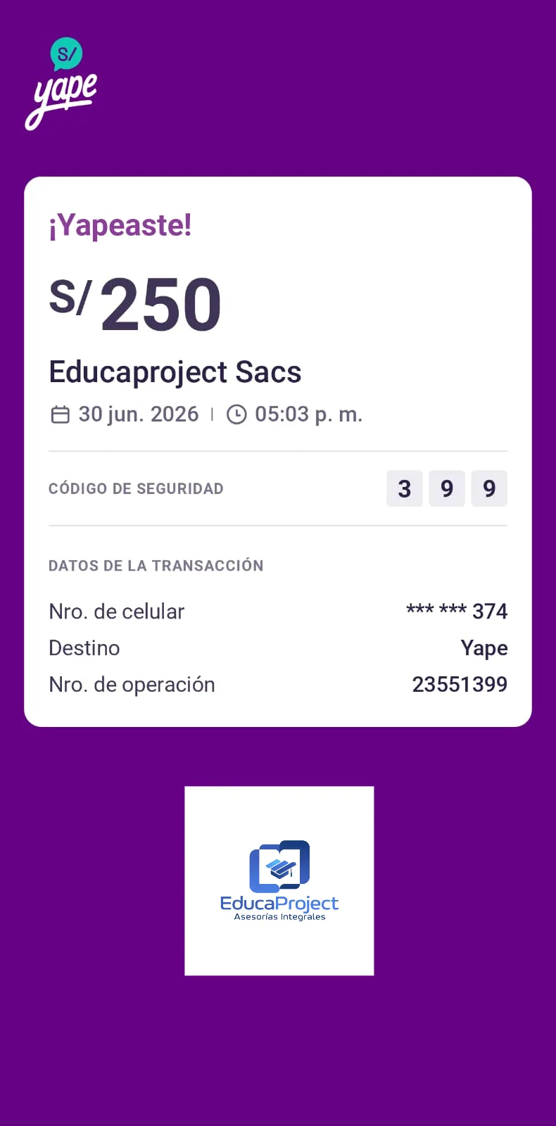 Comprobante de pago de cliente de EducaProject
