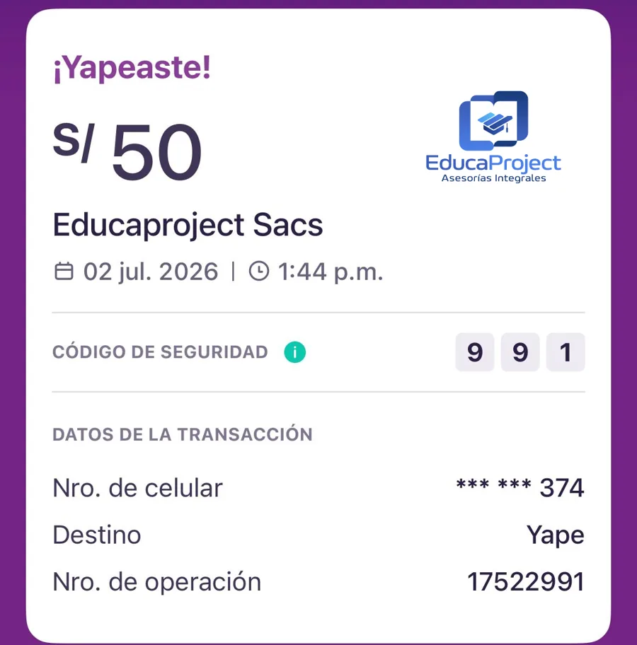 Comprobante de pago de cliente de EducaProject