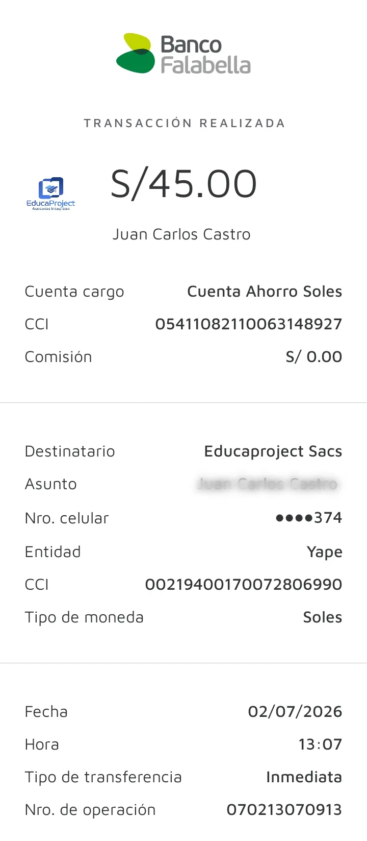 Comprobante de pago de cliente de EducaProject