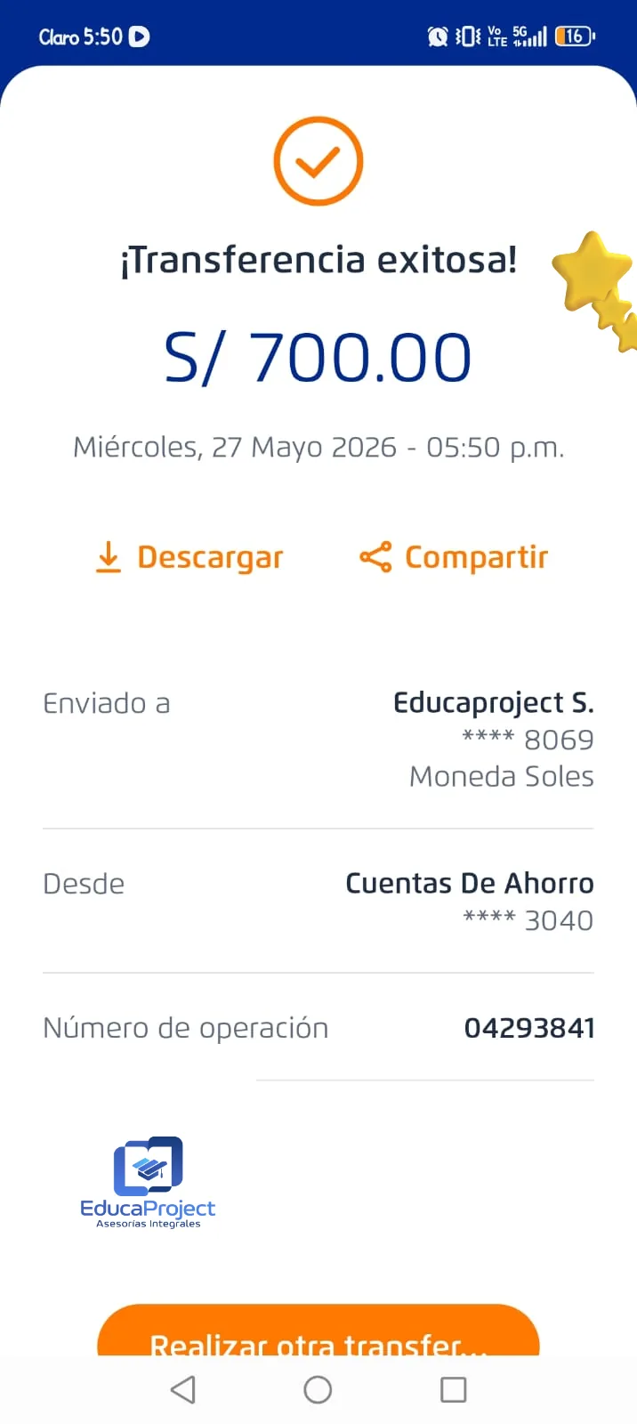 Comprobante de pago de cliente de EducaProject