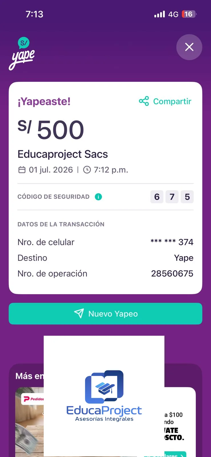 Comprobante de pago de cliente de EducaProject