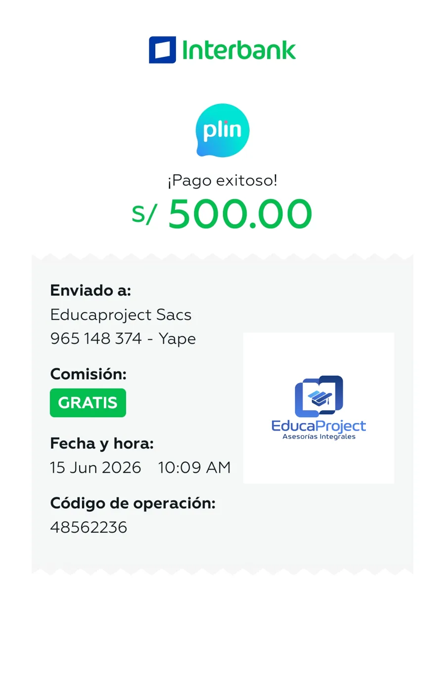 Comprobante de pago de cliente de EducaProject