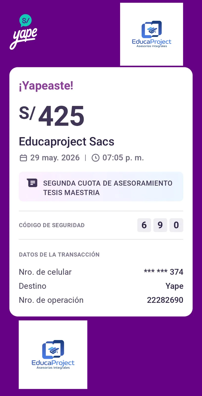 Comprobante de pago de cliente de EducaProject