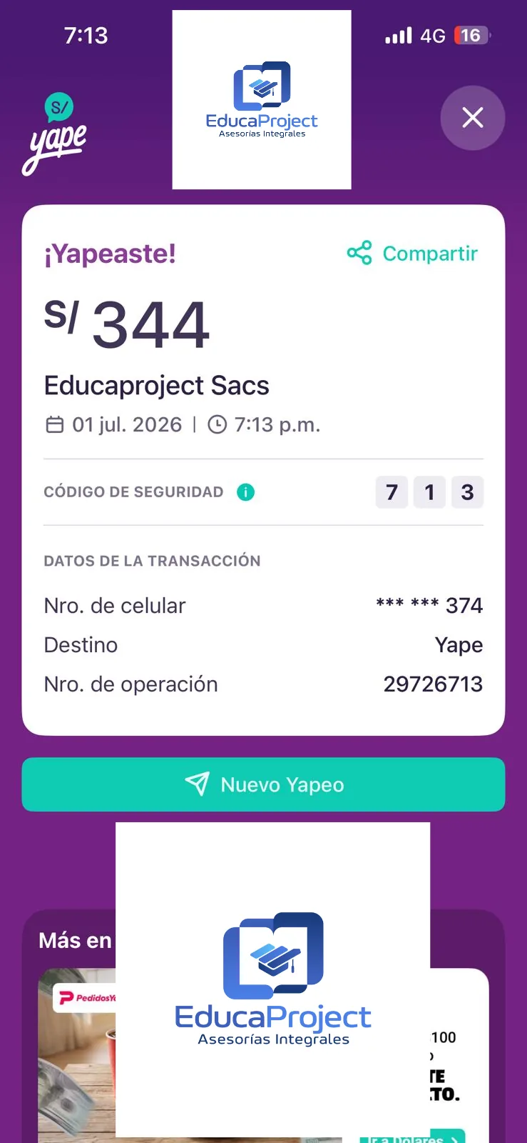 Comprobante de pago de cliente de EducaProject
