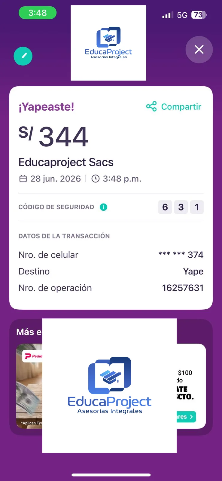 Comprobante de pago de cliente de EducaProject