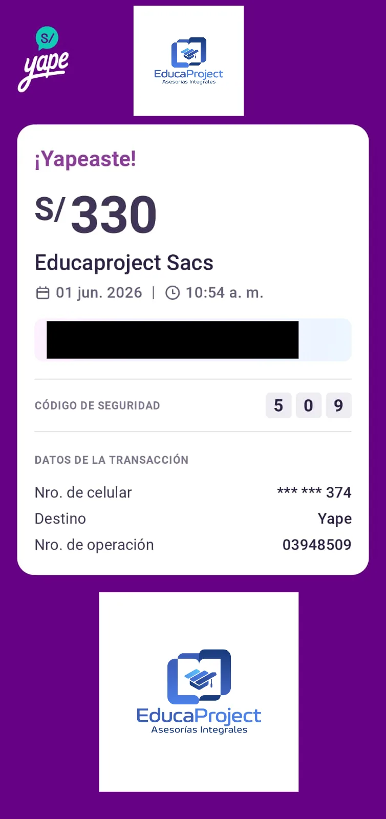Comprobante de pago de cliente de EducaProject