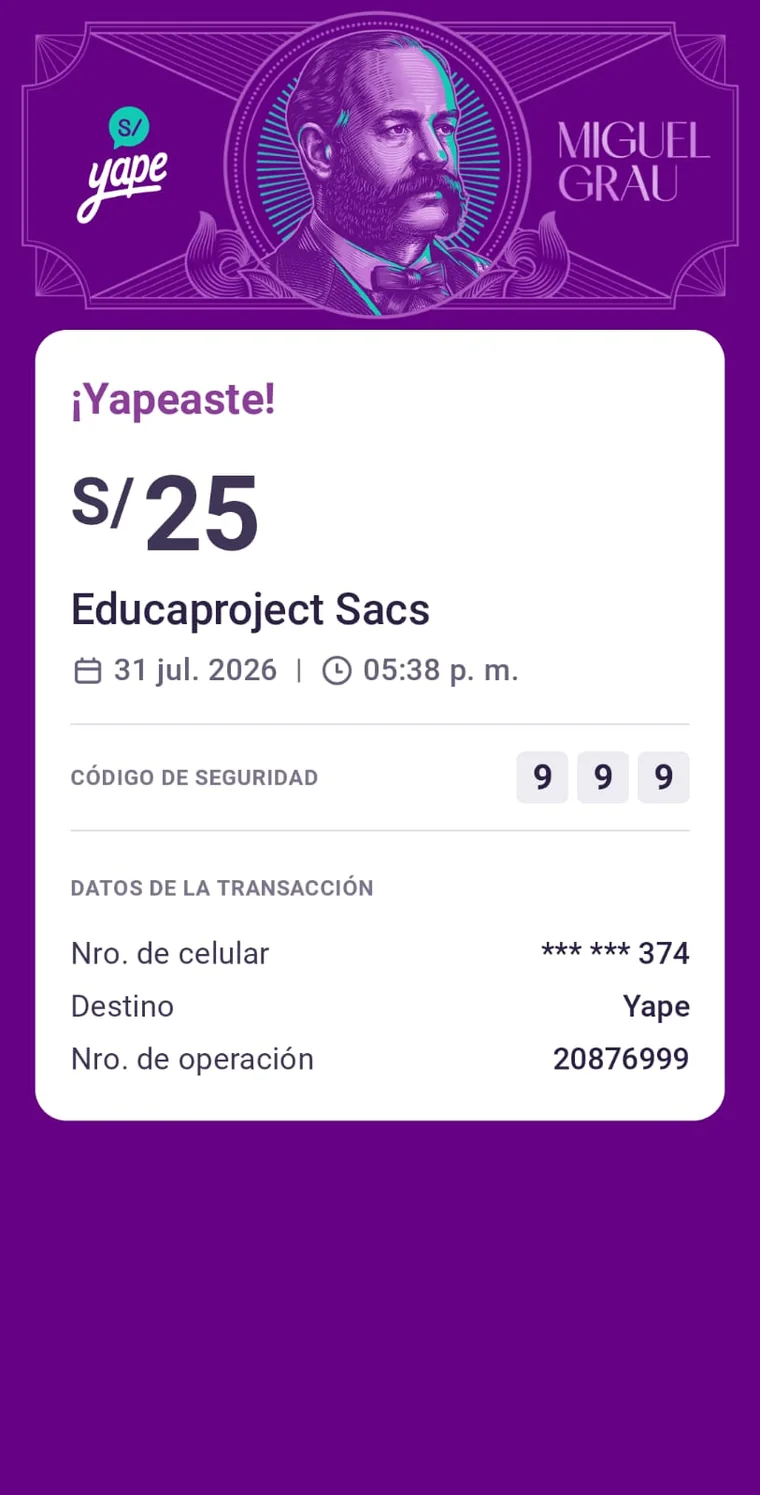 Ejemplo de comprobante de Yape a Educaproject Sacs